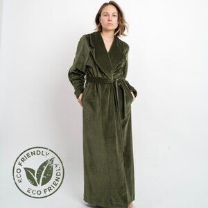 ✨ Luxe Olive Green Long Velvet Robe 100% Cotton Eco-Friendly Spa Kimono NWT